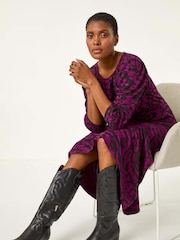 Roman Purple Abstract Print Gathered Stretch Midi Dress - Image 1 of 6