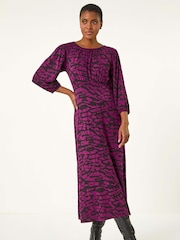 Roman Purple Abstract Print Gathered Stretch Midi Dress - Image 3 of 6
