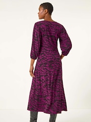 Roman Purple Abstract Print Gathered Stretch Midi Dress - Image 4 of 6