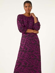 Roman Purple Abstract Print Gathered Stretch Midi Dress - Image 5 of 6