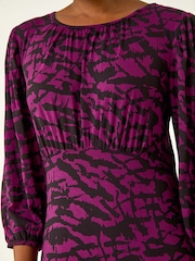 Roman Purple Abstract Print Gathered Stretch Midi Dress - Image 6 of 6