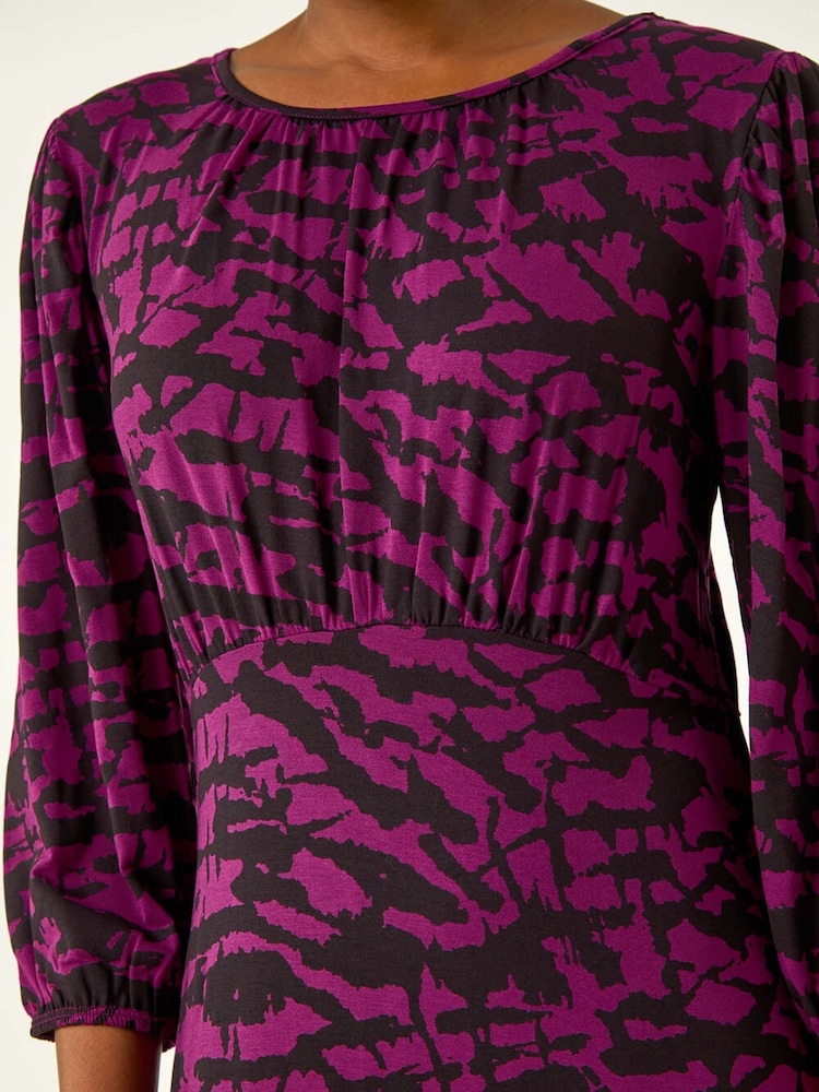 Roman Purple Abstract Print Gathered Stretch Midi Dress - Image 6 of 6