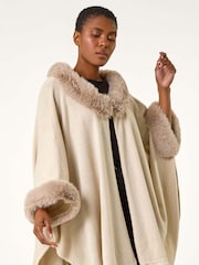 Roman Natural Faux Fur Button Up Poncho - Image 2 of 5