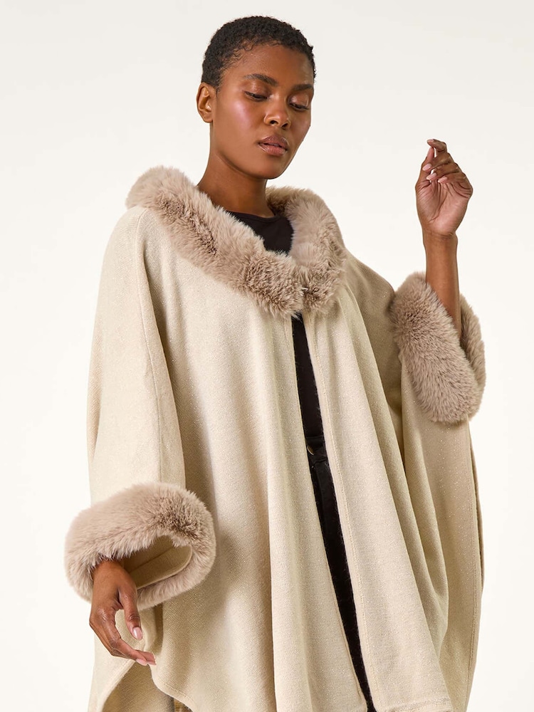 Roman Natural Faux Fur Button Up Poncho - Image 2 of 5