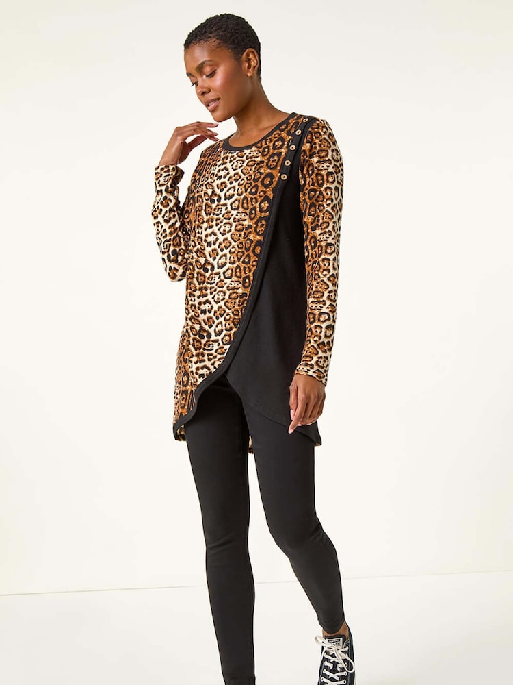 Roman Brown Animal Print Button Detail Top - Image 1 of 6