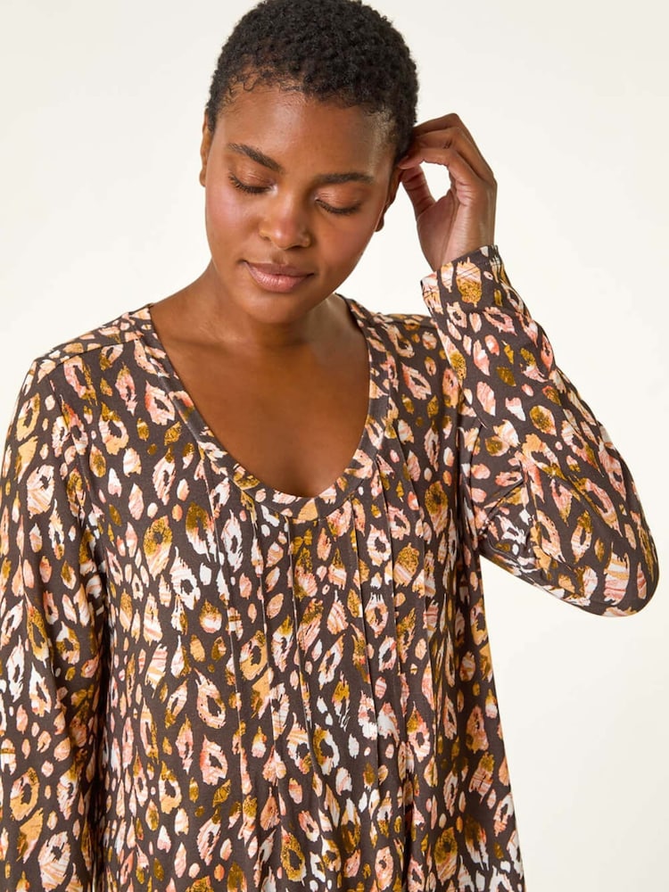 Roman Orange Animal Print V-Neck Stretch Jersey Top - Image 1 of 6