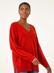 Roman Orange Soft V-Neck Side Split Knit Sweater - Image 1 of 5