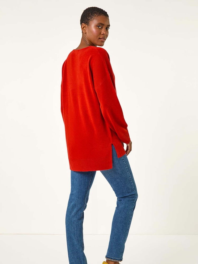 Roman Orange Soft V-Neck Side Split Knit Sweater - Image 2 of 5