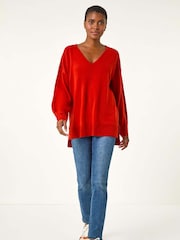 Roman Orange Soft V-Neck Side Split Knit Sweater - Image 3 of 5