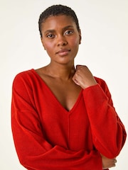 Roman Orange Soft V-Neck Side Split Knit Sweater - Image 4 of 5