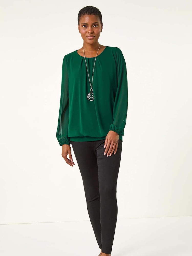 Roman Green Chiffon Banded Hem Pleated Top - Image 1 of 5