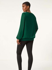 Roman Green Chiffon Banded Hem Pleated Top - Image 3 of 5