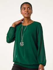 Roman Green Chiffon Banded Hem Pleated Top - Image 4 of 5