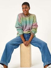 Roman Green Contrast Ombre Stripe Fluffy Jumper - Image 1 of 5