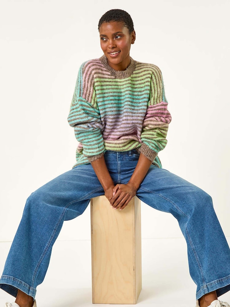 Roman Green Contrast Ombre Stripe Fluffy Jumper - Image 1 of 5