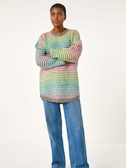 Roman Green Contrast Ombre Stripe Fluffy Jumper - Image 2 of 5