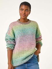 Roman Green Contrast Ombre Stripe Fluffy Jumper - Image 4 of 5