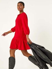 Roman Red Textured V-Neck Frill Hem Smock Dress - Image 1 of 5
