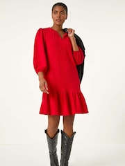Roman Red Textured V-Neck Frill Hem Smock Dress - Image 2 of 5