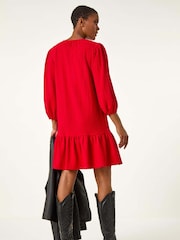 Roman Red Textured V-Neck Frill Hem Smock Dress - Image 3 of 5