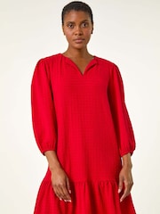 Roman Red Textured V-Neck Frill Hem Smock Dress - Image 4 of 5