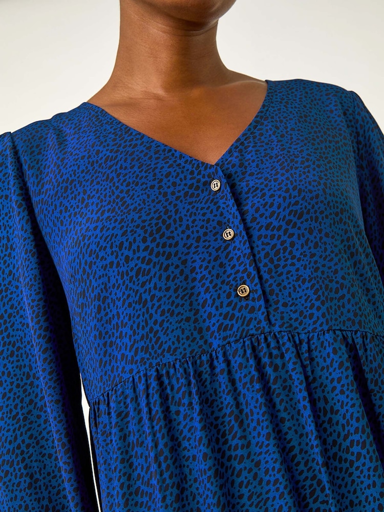 Roman Blue Spot Button Detail Smock Midi Dress - Image 2 of 5