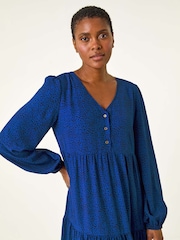 Roman Blue Spot Button Detail Smock Midi Dress - Image 3 of 5