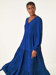 Roman Blue Spot Button Detail Smock Midi Dress - Image 5 of 5