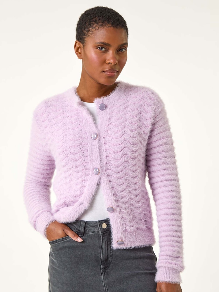 Roman Purple Fluffy Knit Button Cardigan - Image 1 of 5