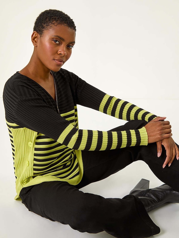 Roman Green Stripe Zip Front Ribbed Knit Jumper - Image 2 of 5 Roman Green Stripe Zip Front Ribbed Knit Jumper - Image 2 of 5