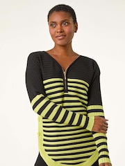 Roman Green Stripe Zip Front Ribbed Knit Jumper - Image 4 of 5