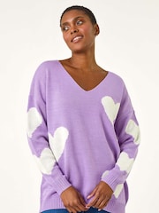 Roman Purple V-Neck Heart Detail Knit Jumper - Image 1 of 5