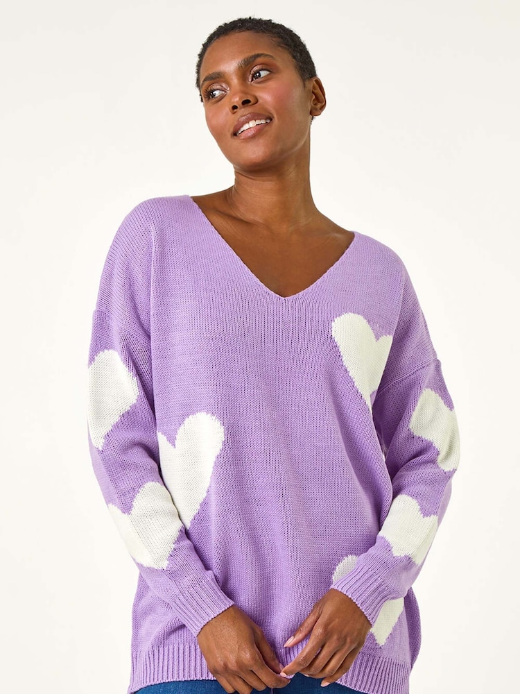 Roman Purple V-Neck Heart Detail Knit Jumper - Image 1 of 5