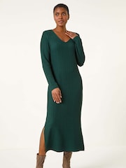 Grün - Roman – texturiertes Stretch-Midikleid mit V-Ausschnitt und Wellendesign - Bild 4 von 5