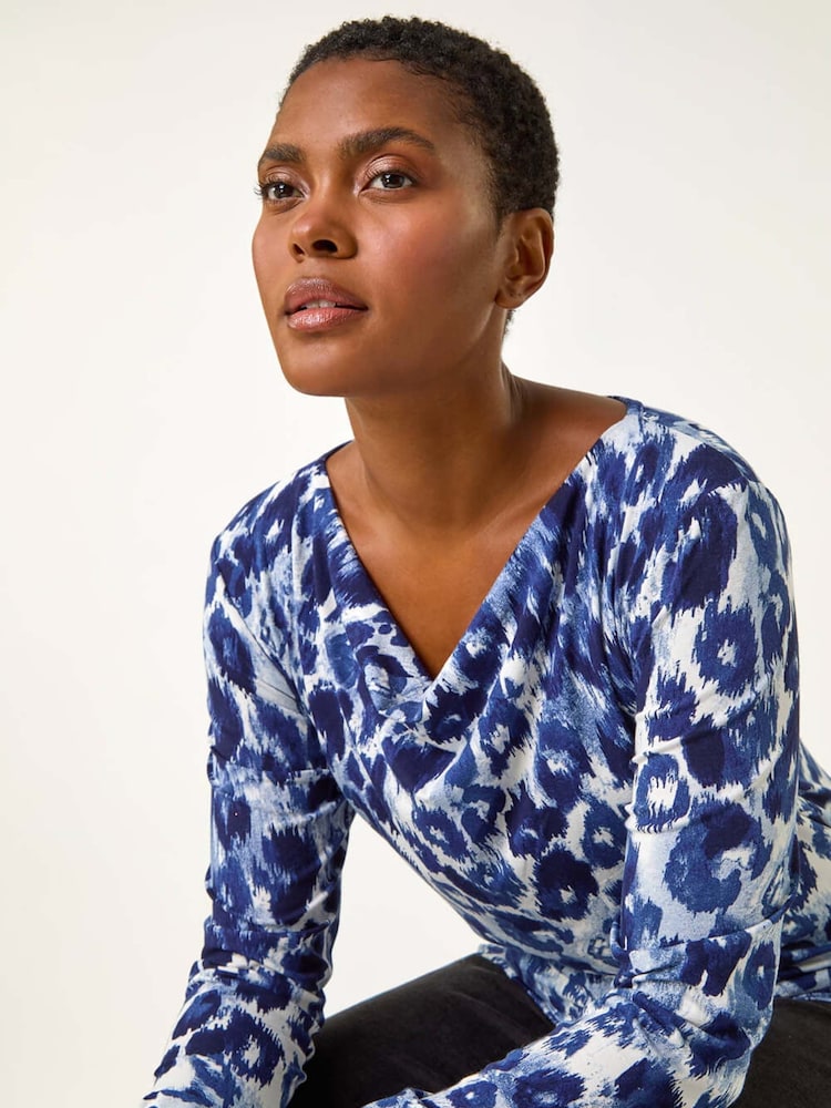 Roman Blue Animal Print Cowl Neck Tunic Top - Image 1 of 6