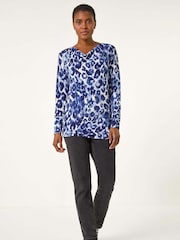 Roman Blue Animal Print Cowl Neck Tunic Top - Image 3 of 6