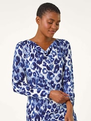 Roman Blue Animal Print Cowl Neck Tunic Top - Image 5 of 6