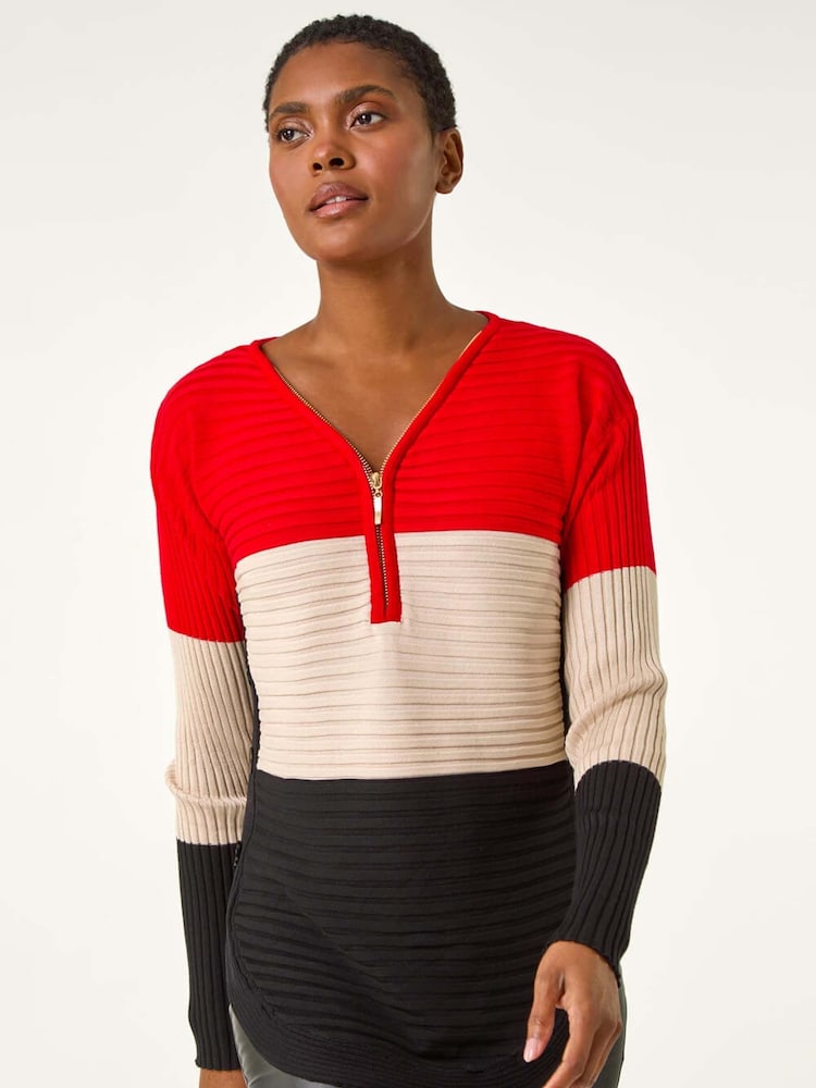 Roman Red 3 Colour Block Zip Front Knit Cardigan - Image 2 of 5