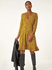 Roman Yellow Floral Print Wrap Front Stretch Dress - Image 1 of 5