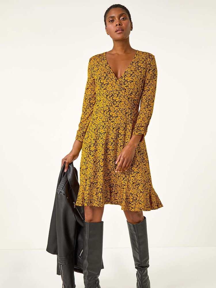 Roman Yellow Floral Print Wrap Front Stretch Dress - Image 1 of 5