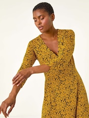 Roman Yellow Floral Print Wrap Front Stretch Dress - Image 2 of 5