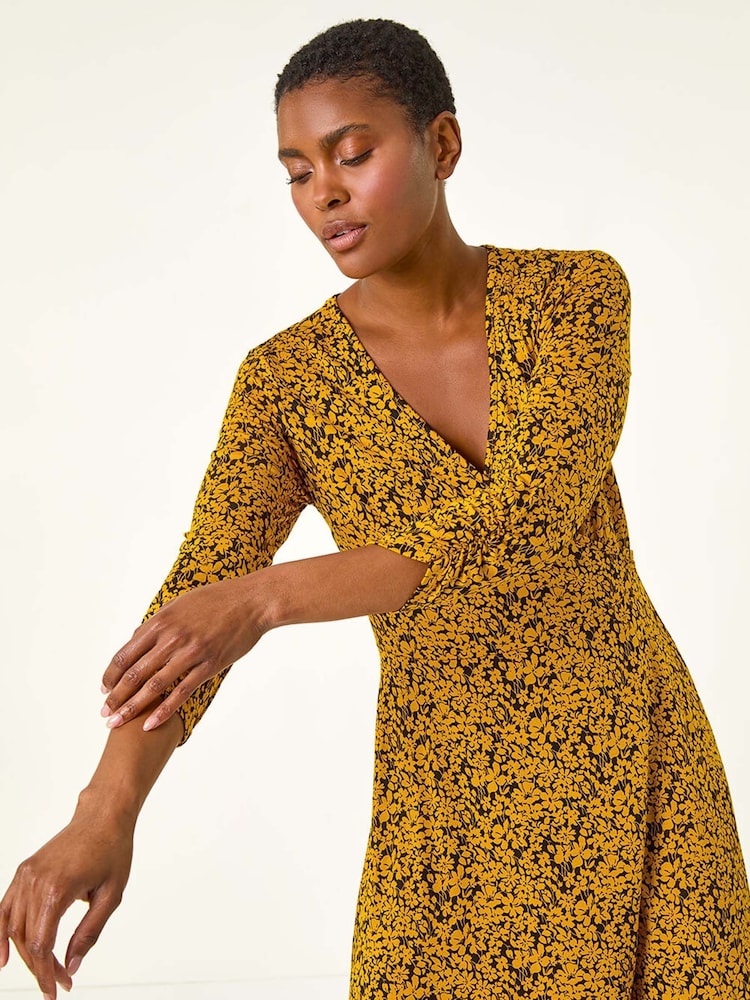 Roman Yellow Floral Print Wrap Front Stretch Dress - Image 2 of 5