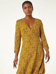 Roman Yellow Floral Print Wrap Front Stretch Dress - Image 4 of 5