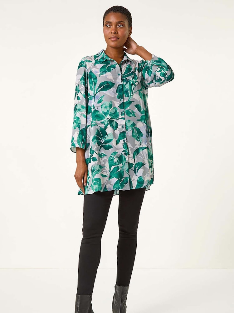Roman Green Leaf Print Button Detail Sleeve Shirt - Image 1 of 5