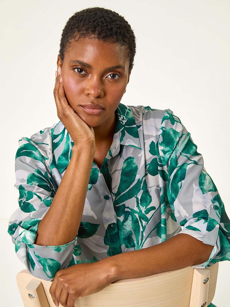 Roman Green Leaf Print Button Detail Sleeve Shirt - Image 2 of 5