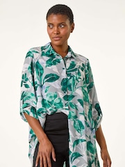 Roman Green Leaf Print Button Detail Sleeve Shirt - Image 4 of 5