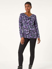 Roman Purple Ruched Cowl Neck Floral Top - Image 2 of 5