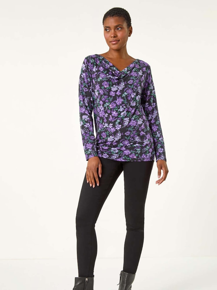 Roman Purple Ruched Cowl Neck Floral Top - Image 2 of 5