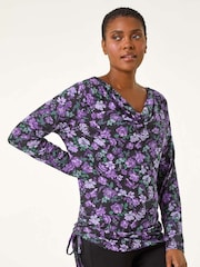 Roman Purple Ruched Cowl Neck Floral Top - Image 4 of 5