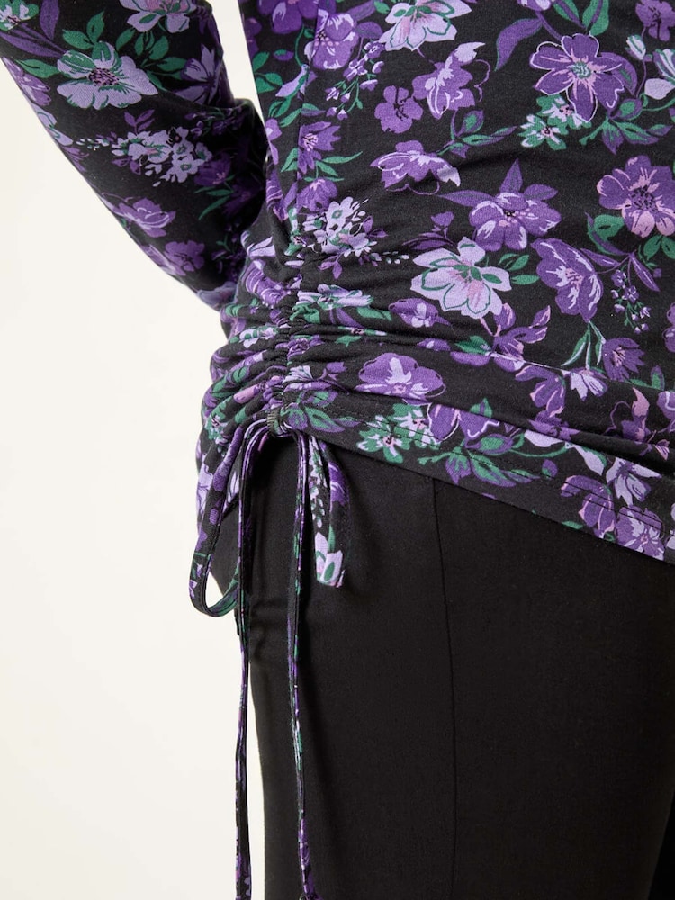 Roman Purple Ruched Cowl Neck Floral Top - Image 5 of 5